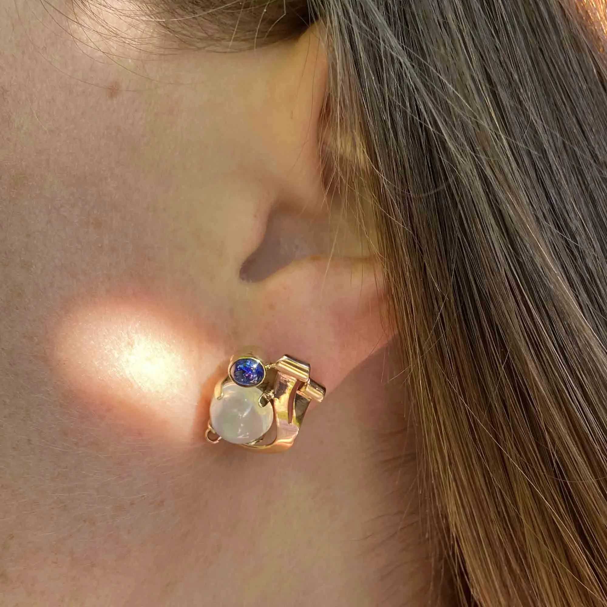 Retro 1940s Moonstone & Sapphire Earrings in 14K Gold