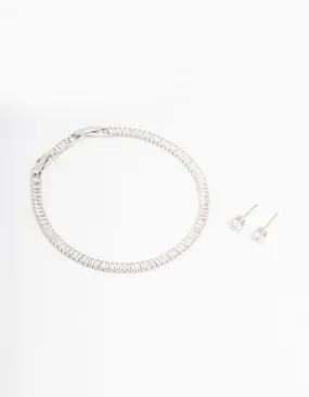 Rhodium Cubic Zirconia Baguette Tennis Bracelet & Earring Set