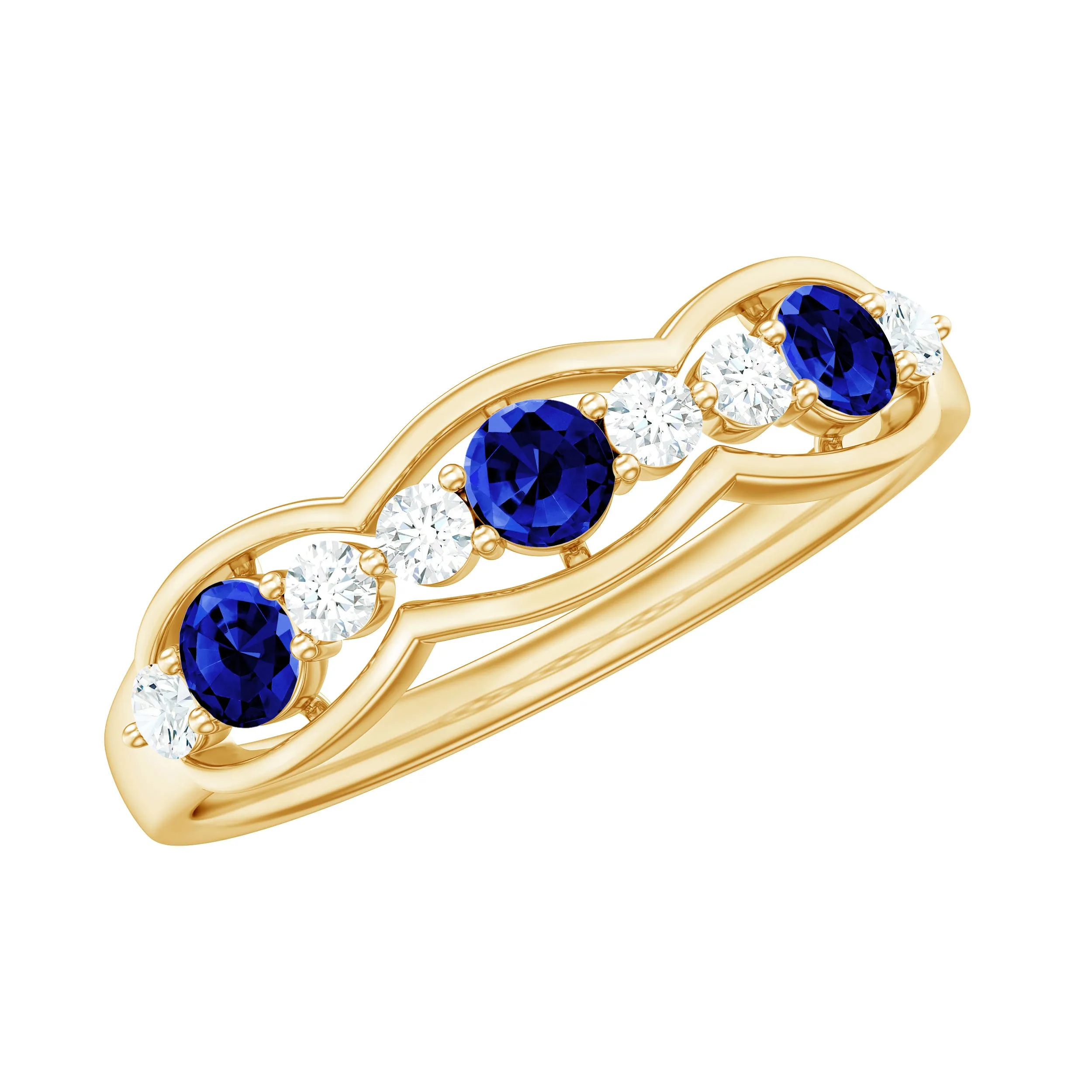 Round Shape Certified Created Blue Sapphire and Diamond Anniversary Ring