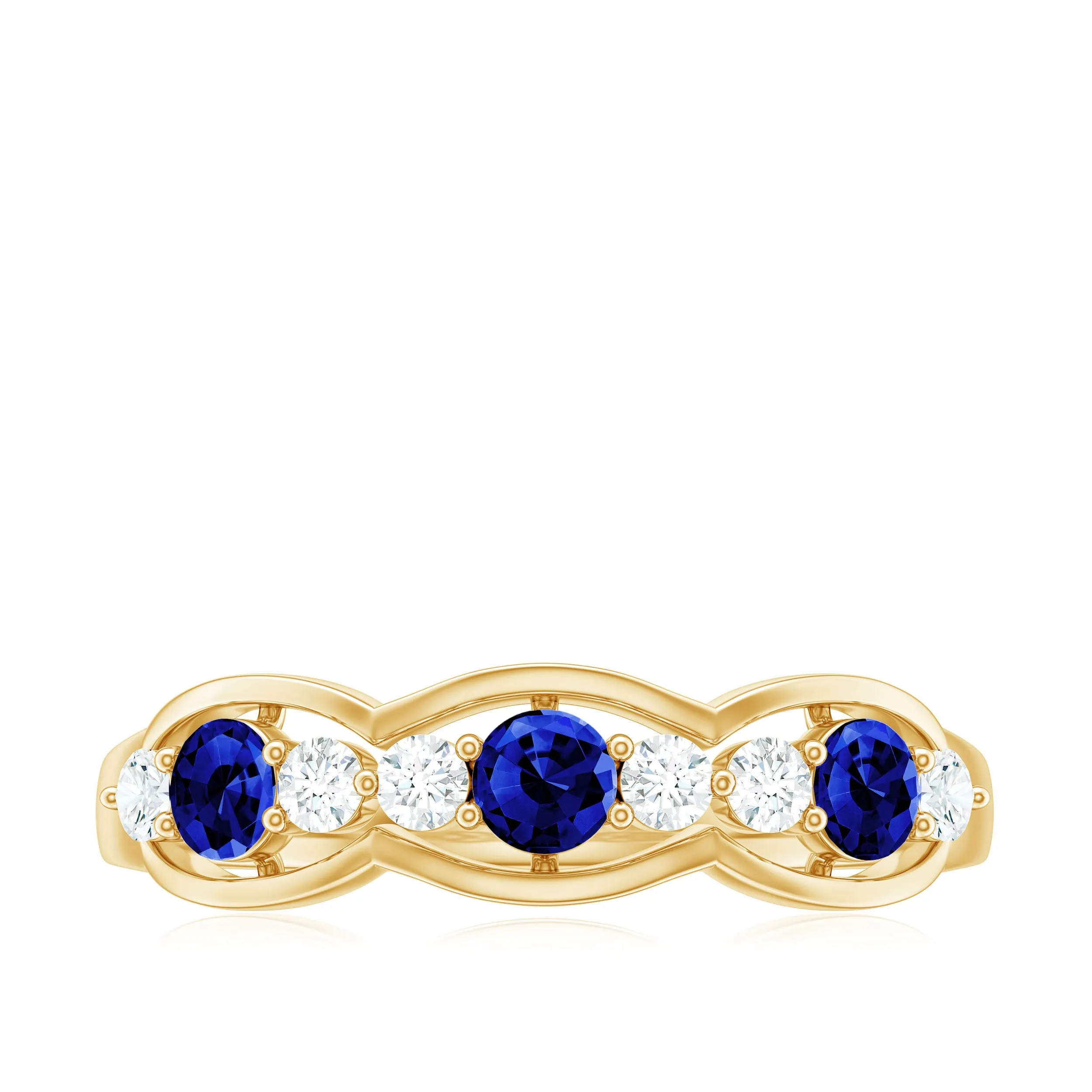 Round Shape Certified Created Blue Sapphire and Diamond Anniversary Ring