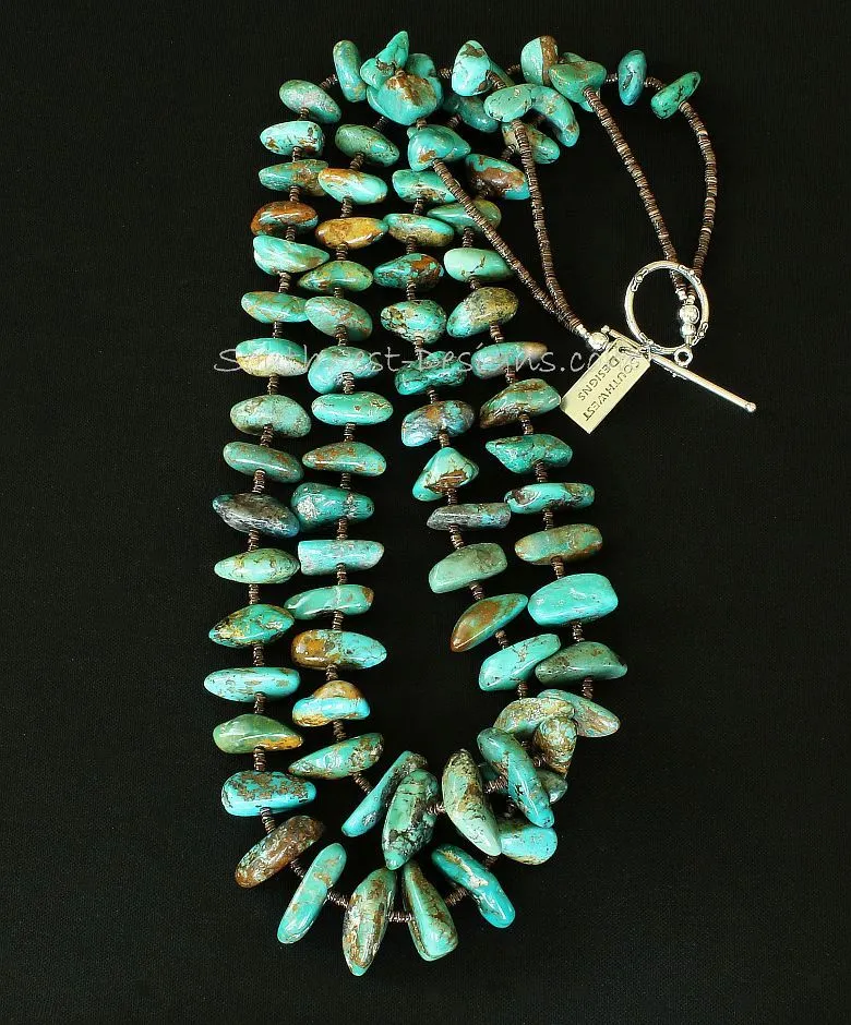 Royston Turquoise Large Nugget 2-Strand Necklace with Olive Shell Heishi and Sterling Silver