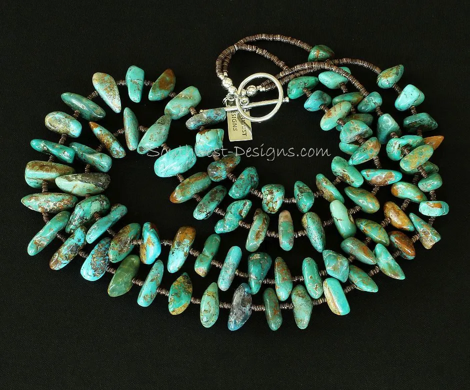 Royston Turquoise Large Nugget 2-Strand Necklace with Olive Shell Heishi and Sterling Silver