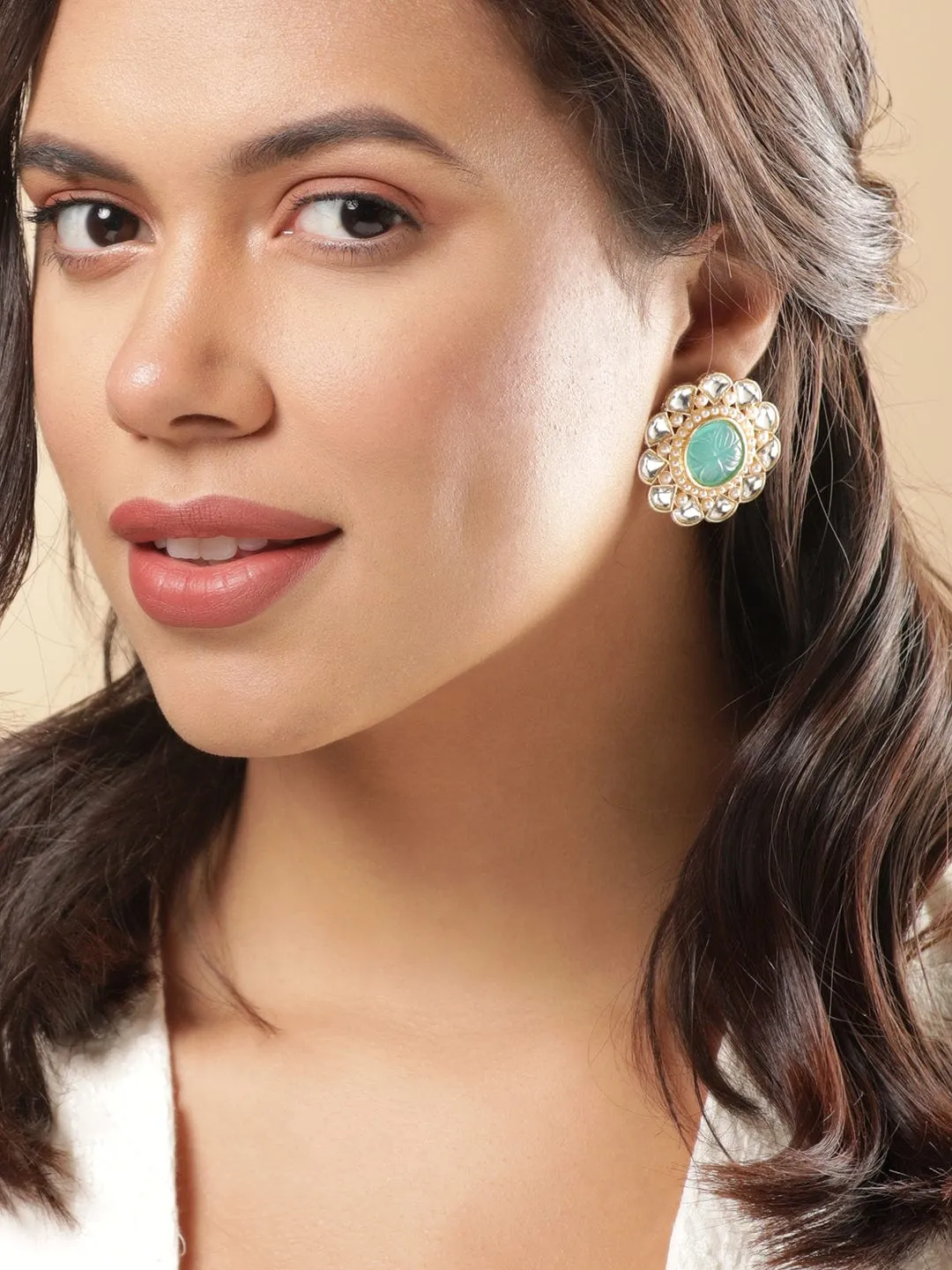 Rubans Kundan Earrings with Mint Blue Stone and White Beads