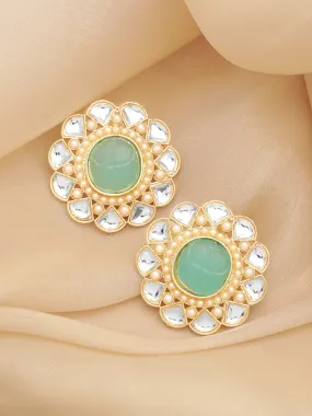 Rubans Kundan Earrings with Mint Blue Stone and White Beads