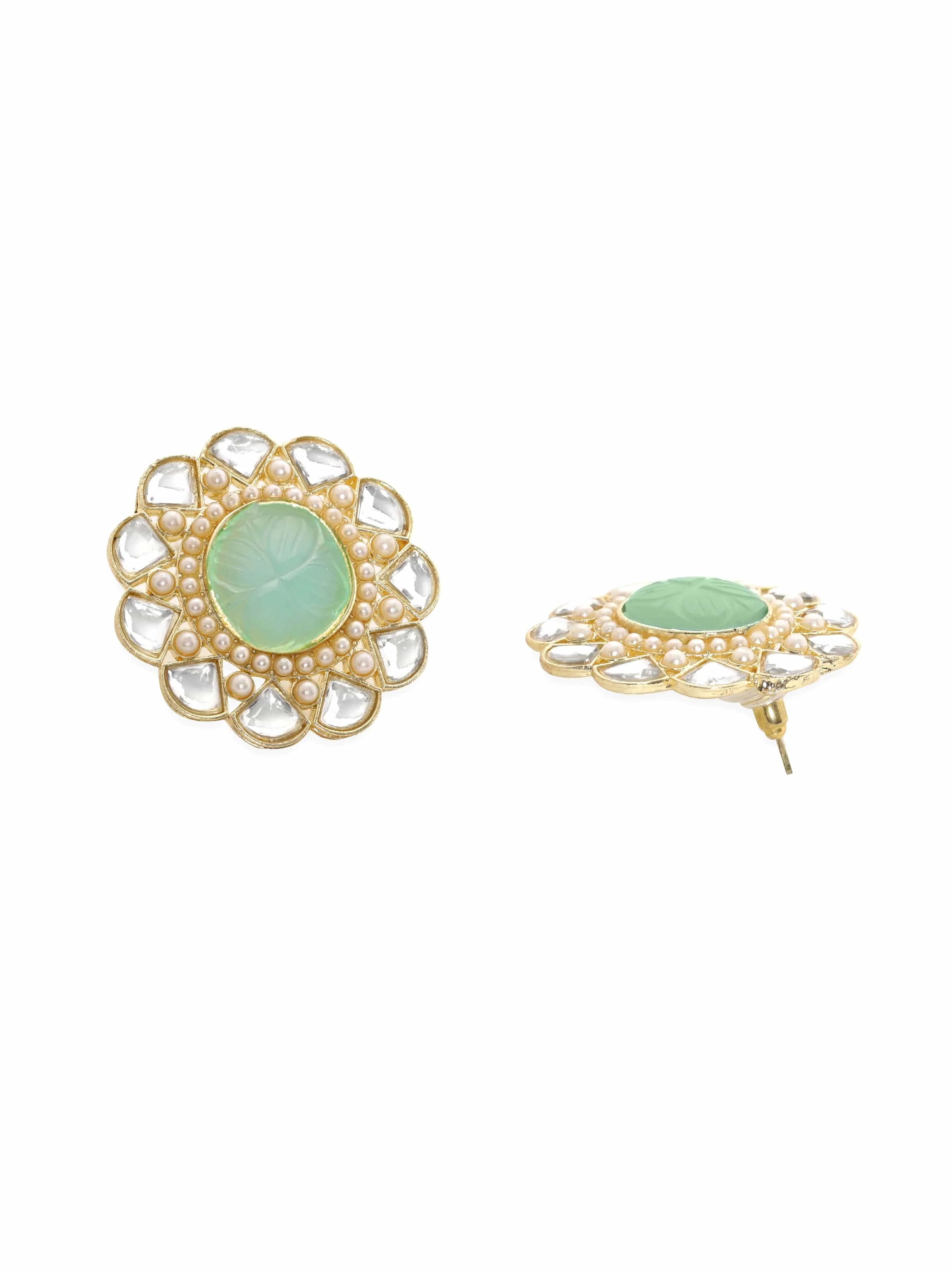 Rubans Kundan Earrings with Mint Blue Stone and White Beads