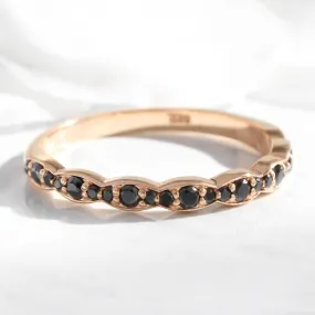 Scalloped Black Diamond Wedding Ring in Vintage Style Half Eternity Band