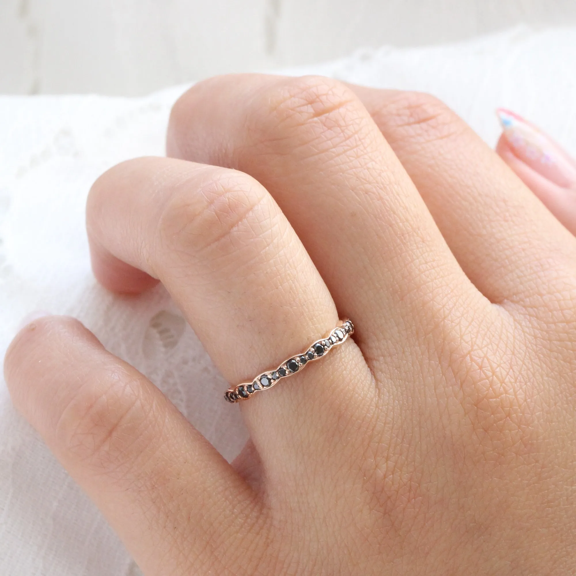 Scalloped Black Diamond Wedding Ring in Vintage Style Half Eternity Band