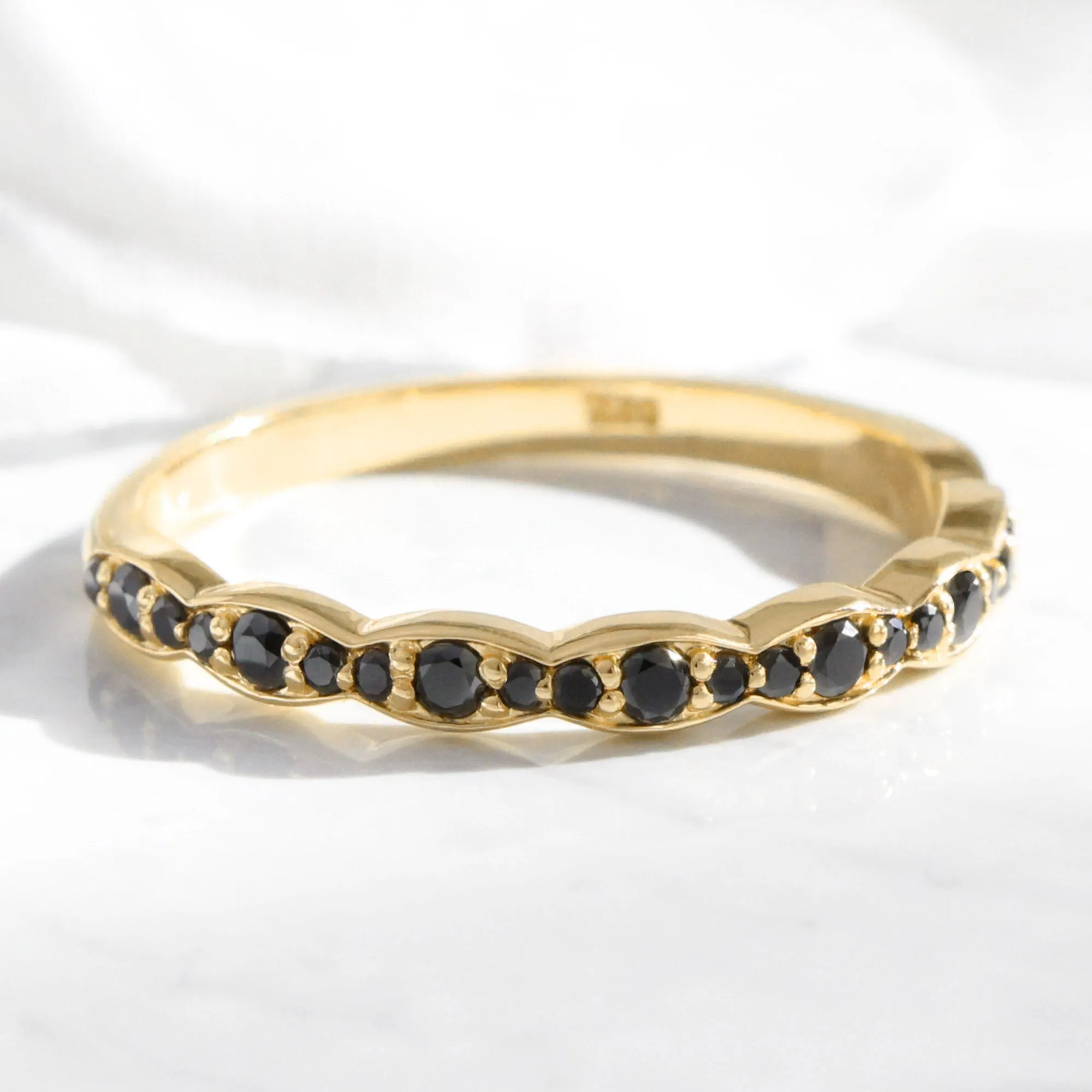 Scalloped Black Diamond Wedding Ring in Vintage Style Half Eternity Band