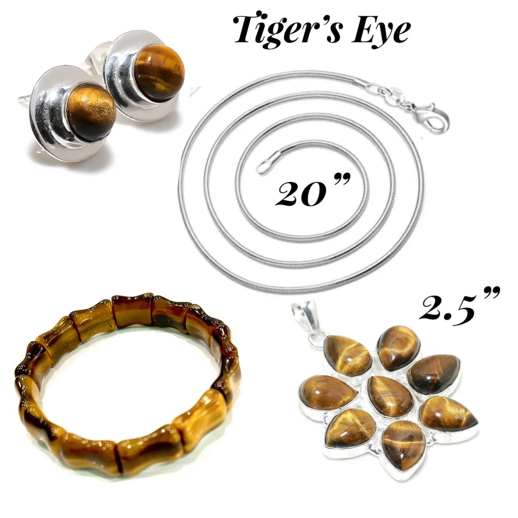 Silky Brown Tiger’s Eye Earrings, Bangle and Pendant Necklace Set