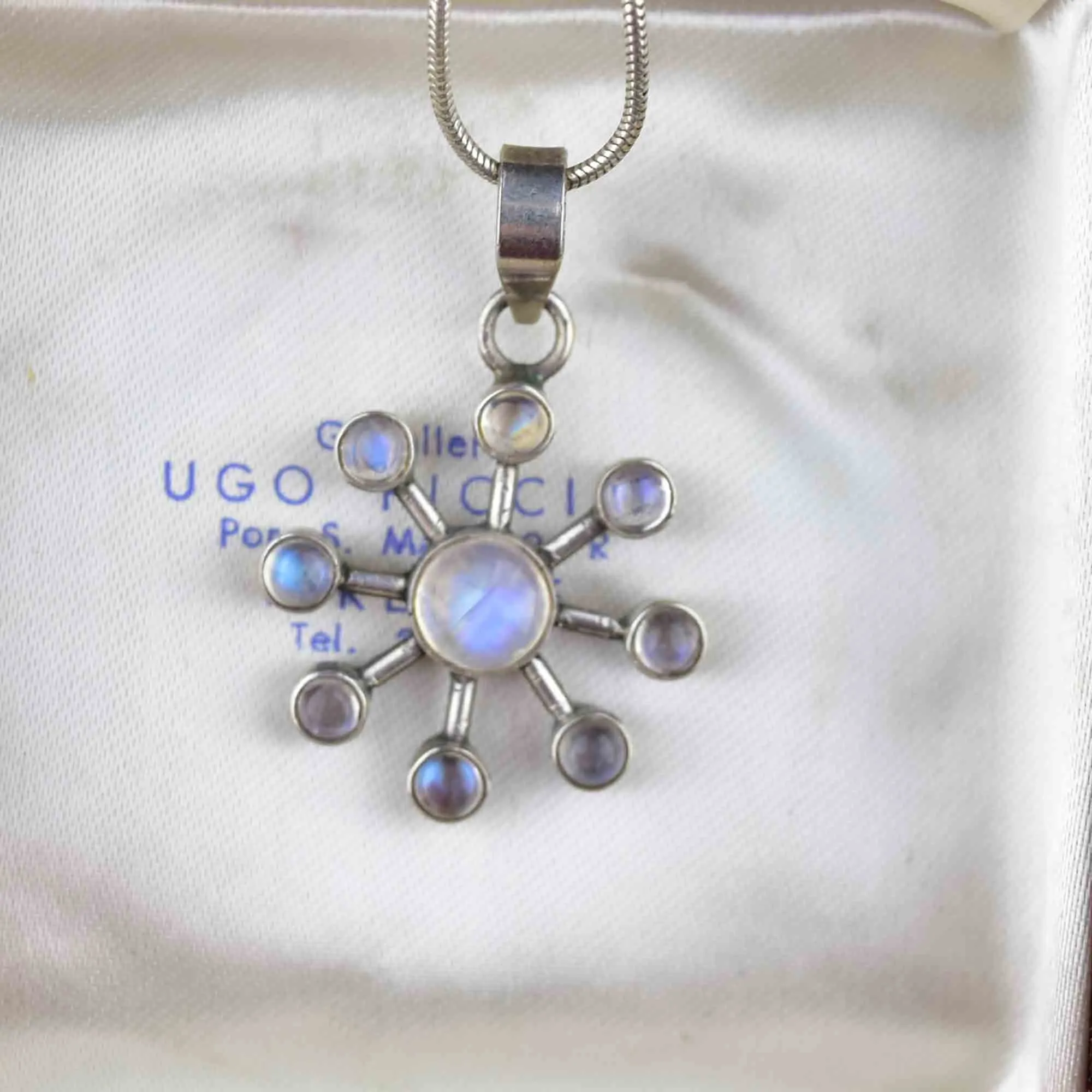 Silver Art Deco Style Moonstone Snowflake Pendant Necklace