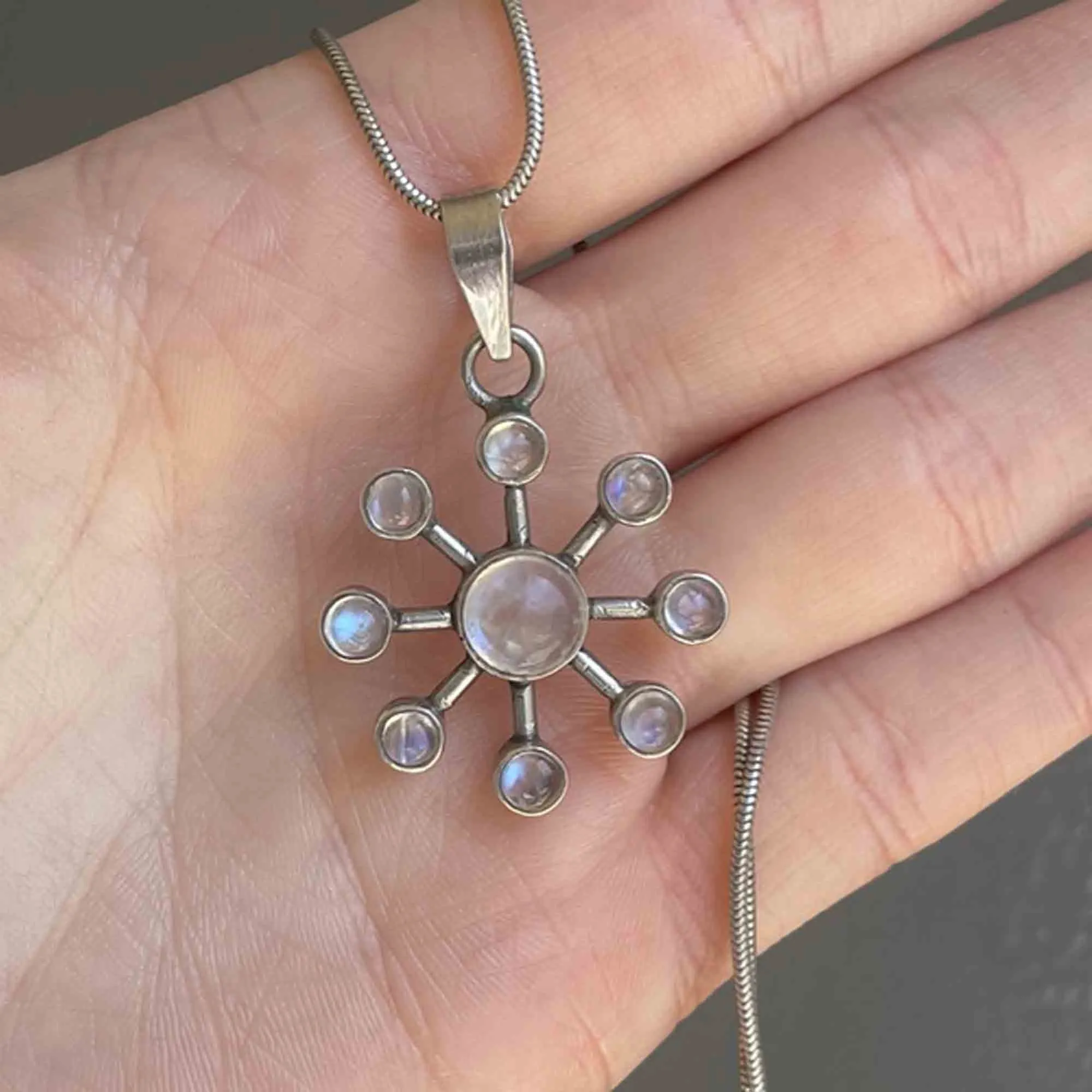 Silver Art Deco Style Moonstone Snowflake Pendant Necklace