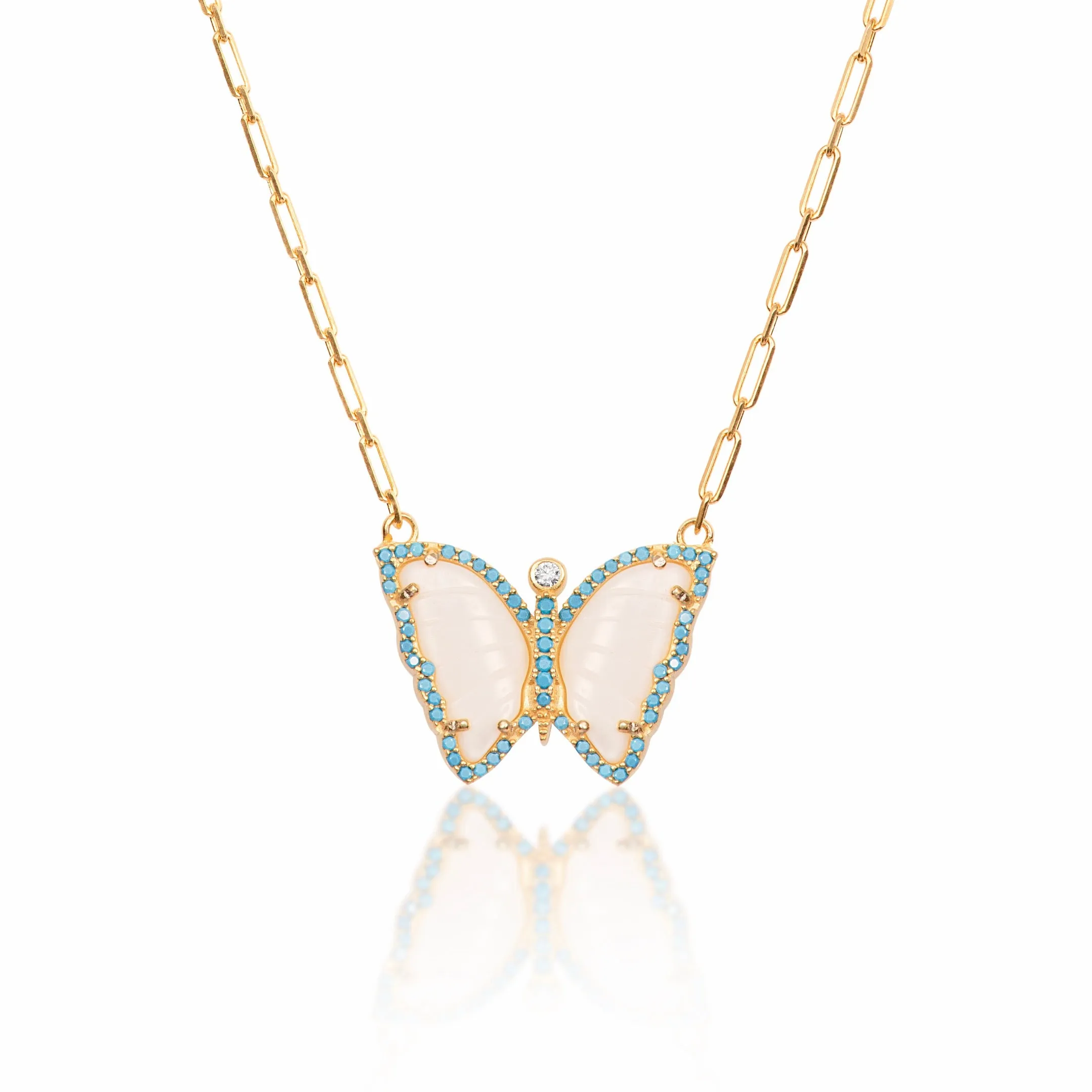 Silver gold plated mother of pearl turquoise butterfly necklace