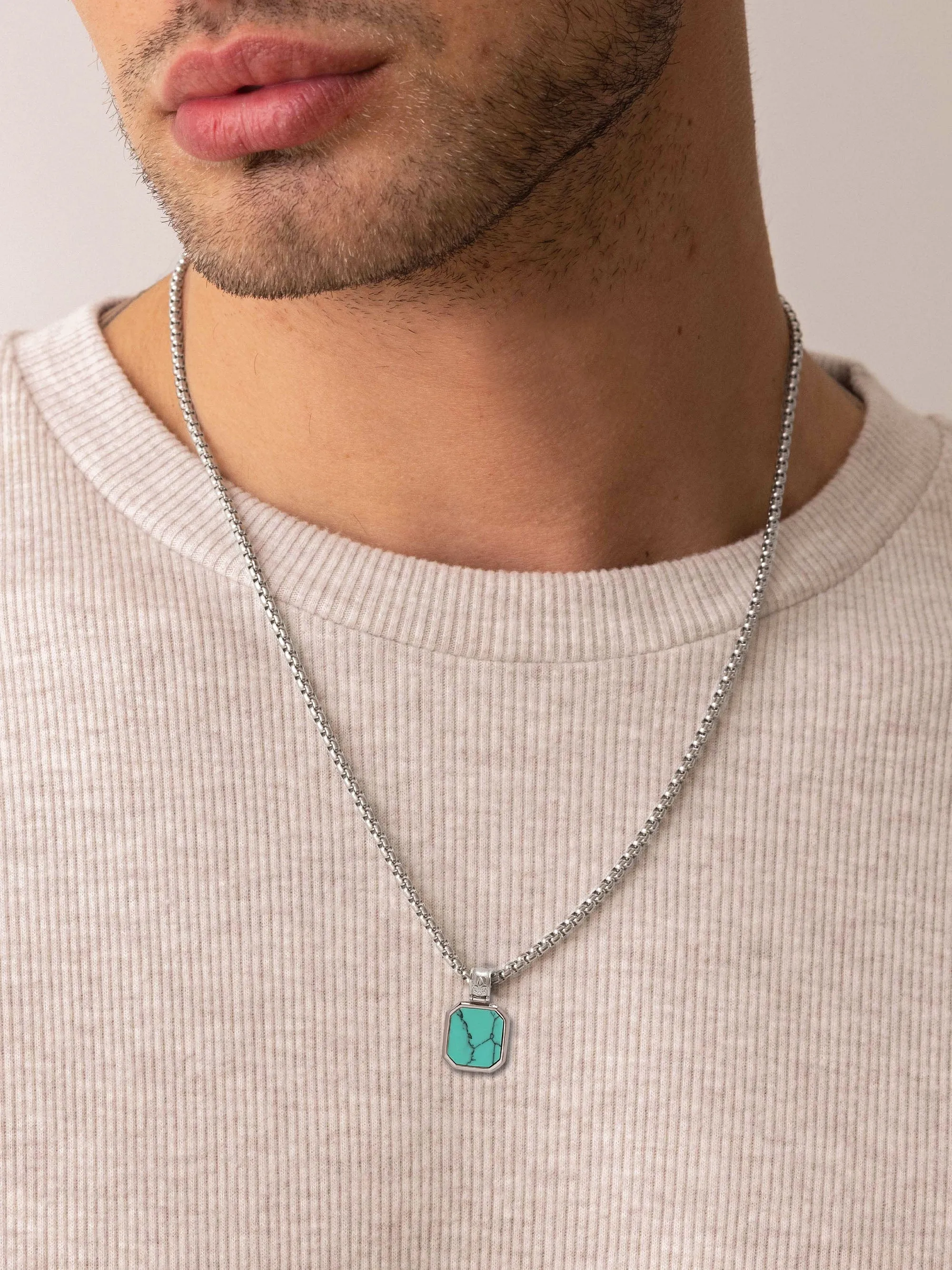 Silver Necklace with Square Turquoise Pendant