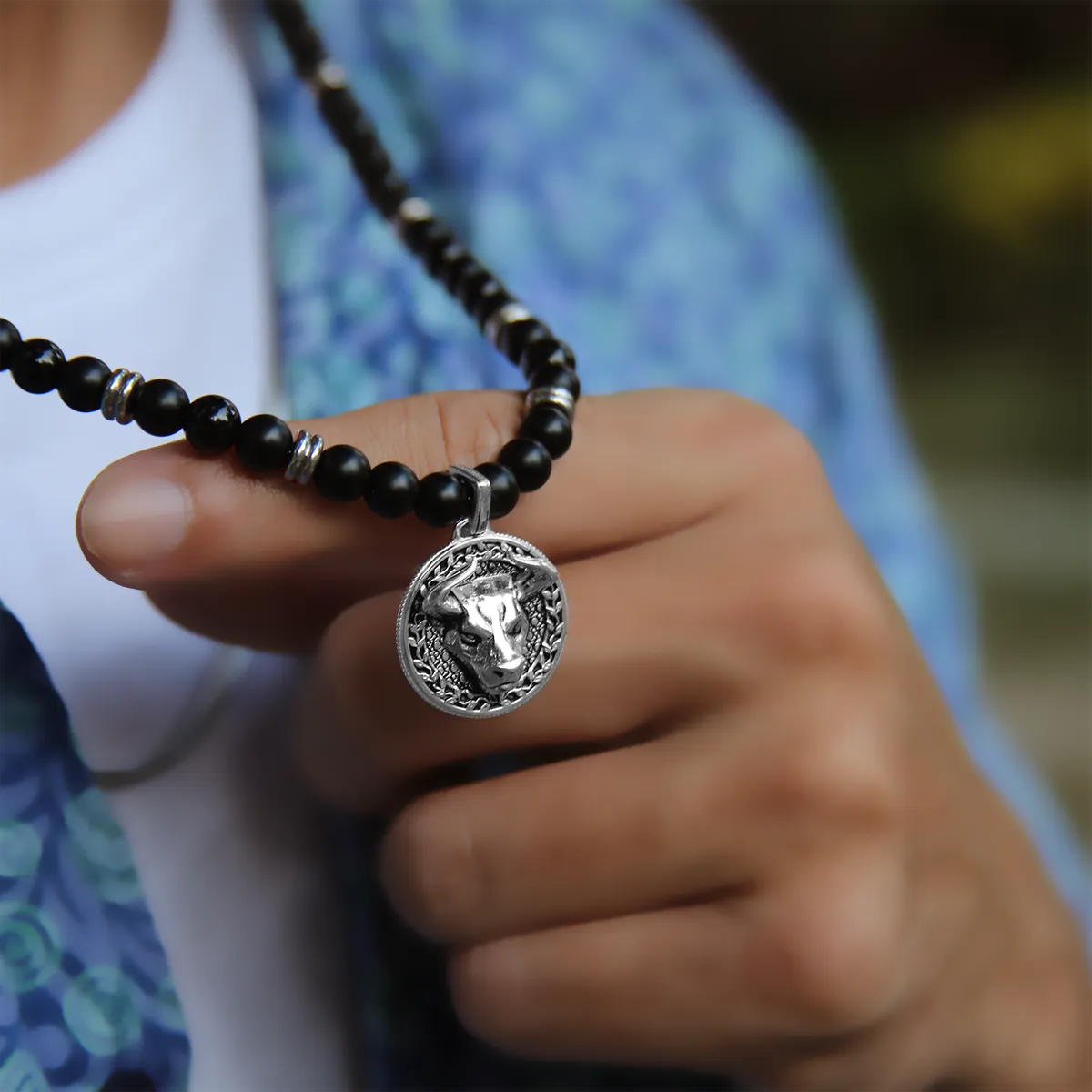 Silver Obsidian Beaded Necklace with Pendant