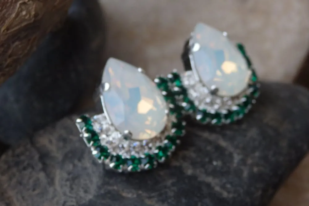 Silver White Green Earrings