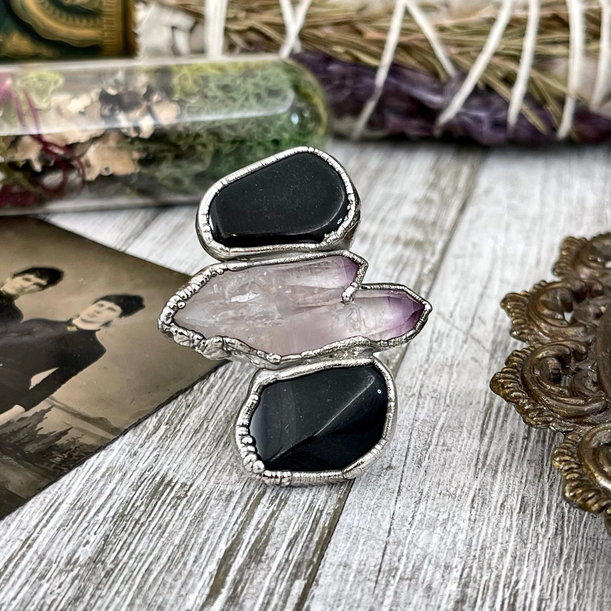 Size 7 Crystal Ring - Three Stone Black Onyx Purple Veracruz Amethyst Silver Ring / Foxlark Collection - One of a Kind