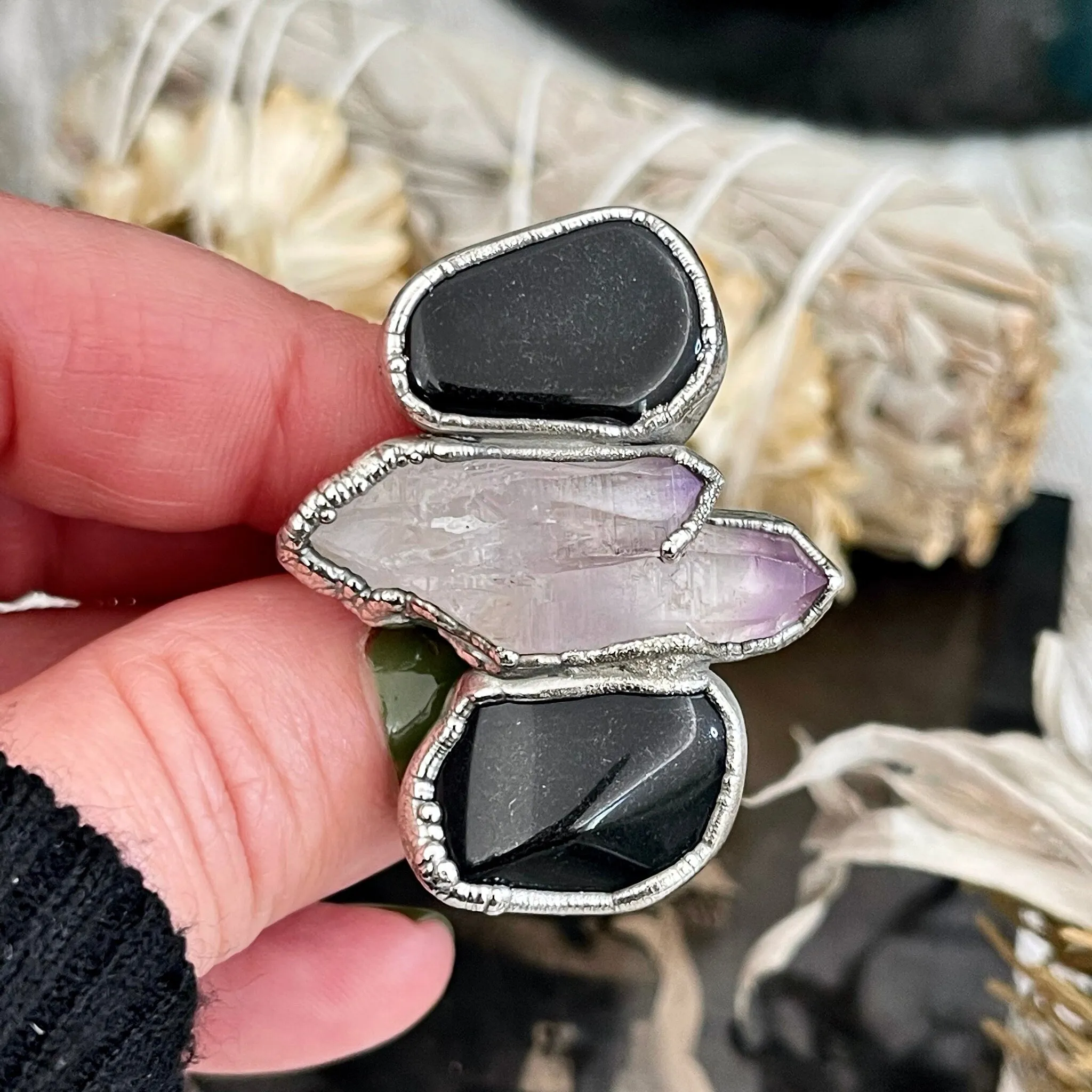 Size 7 Crystal Ring - Three Stone Black Onyx Purple Veracruz Amethyst Silver Ring / Foxlark Collection - One of a Kind