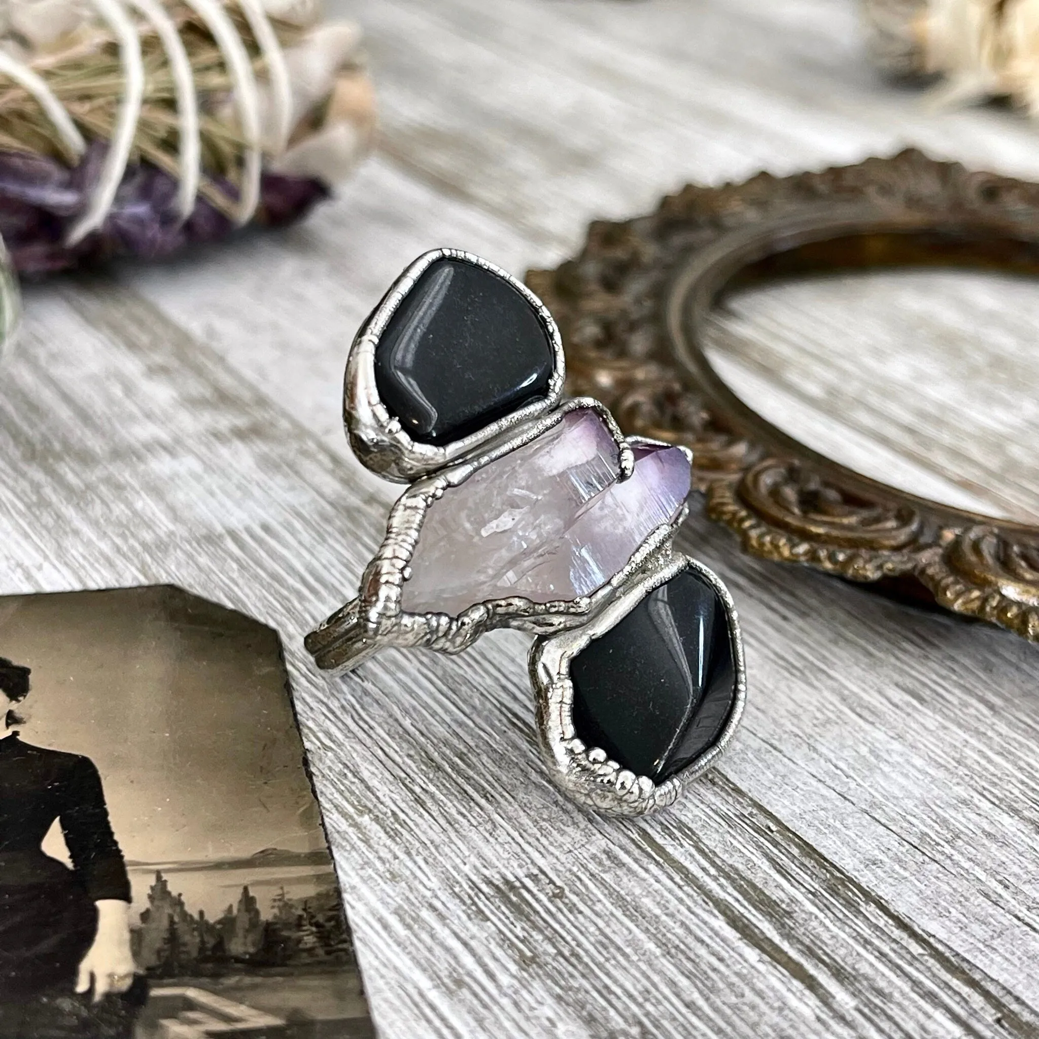 Size 7 Crystal Ring - Three Stone Black Onyx Purple Veracruz Amethyst Silver Ring / Foxlark Collection - One of a Kind