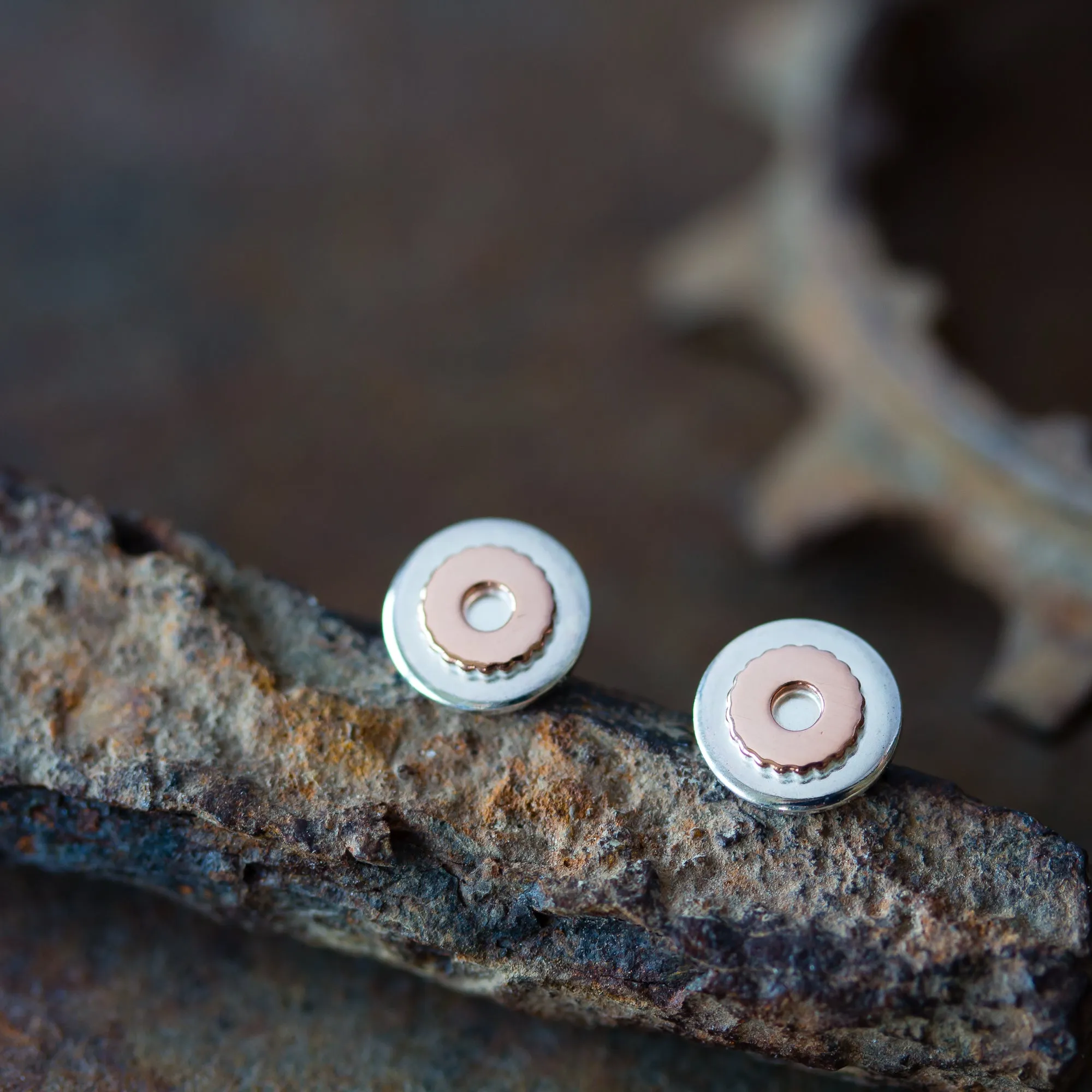 Small Gear Stud Earrings, Sterling Silver and Copper