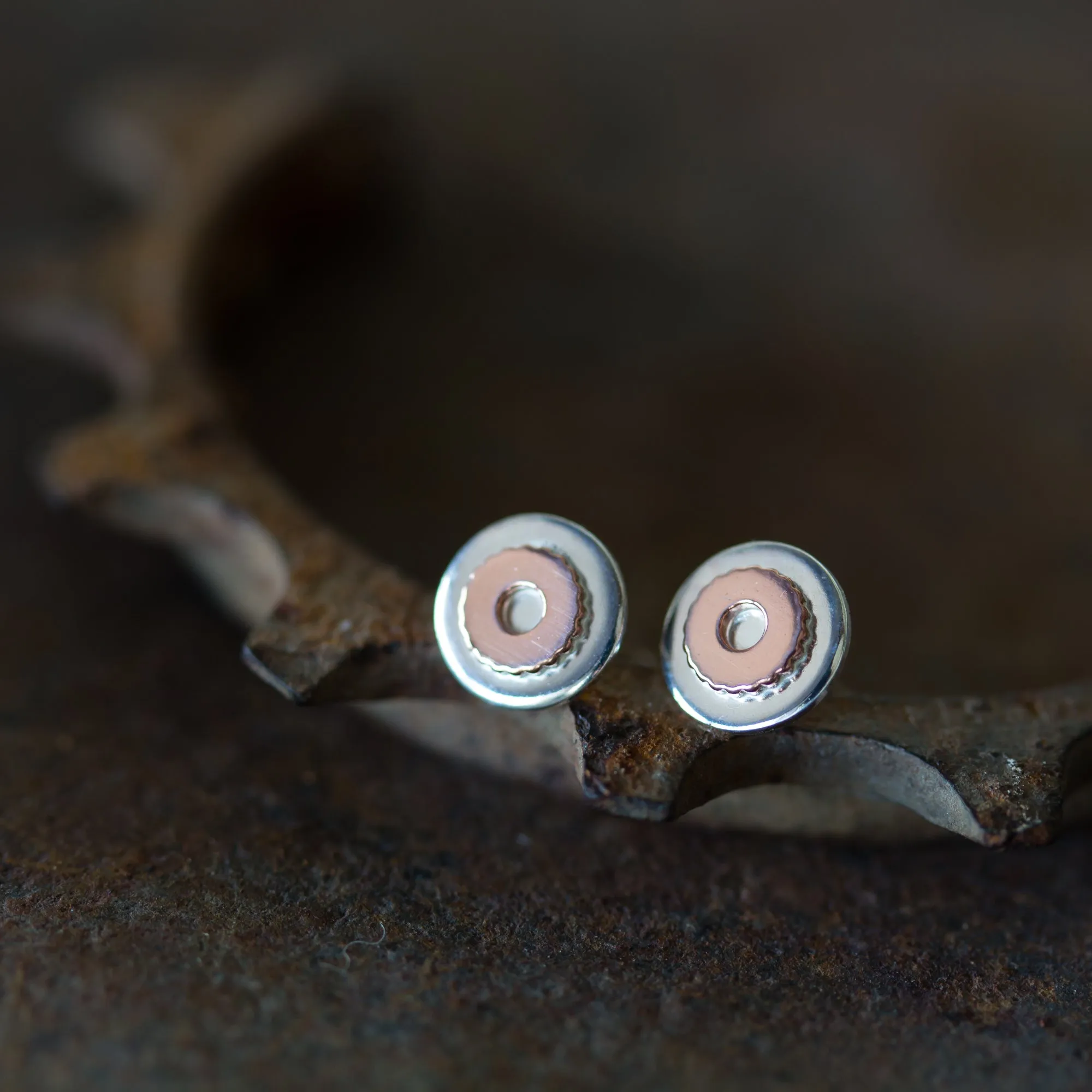 Small Gear Stud Earrings, Sterling Silver and Copper