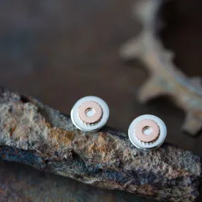 Small Gear Stud Earrings, Sterling Silver and Copper