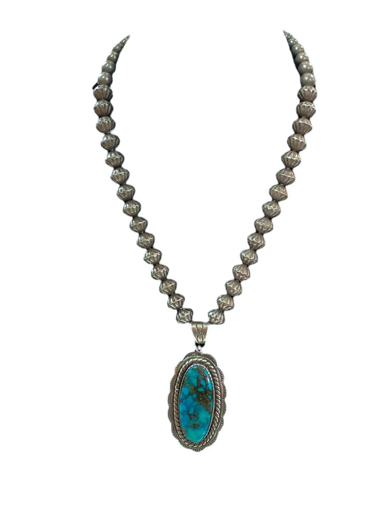 Smokey Bisbee Turquoise and Sterling Silver Navajo Pendant Necklace