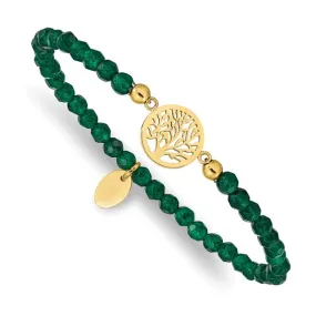 Stainless Steel Gold Plated Tree of Life 4mm Green Jade Beaded Stretch Bracelet