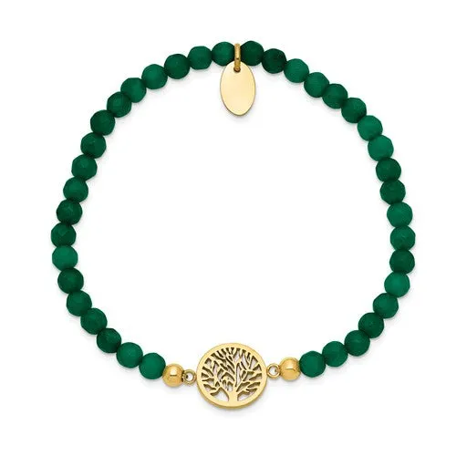 Stainless Steel Gold Plated Tree of Life 4mm Green Jade Beaded Stretch Bracelet