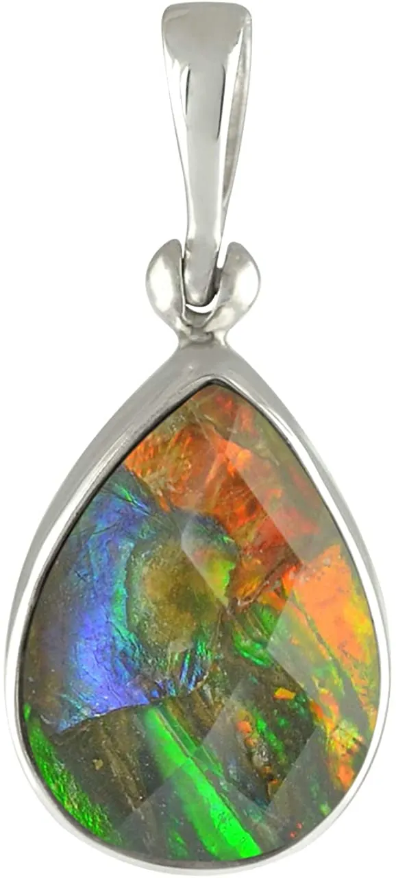 Starborn Ammolite and Faceted Quartz Sterling Silver Pear Pendant - Small