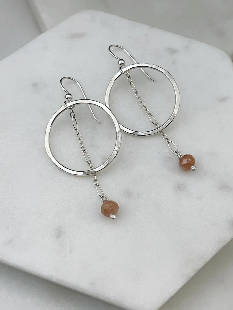 Sterling silver hoop earrings with peach moonstone gemstones