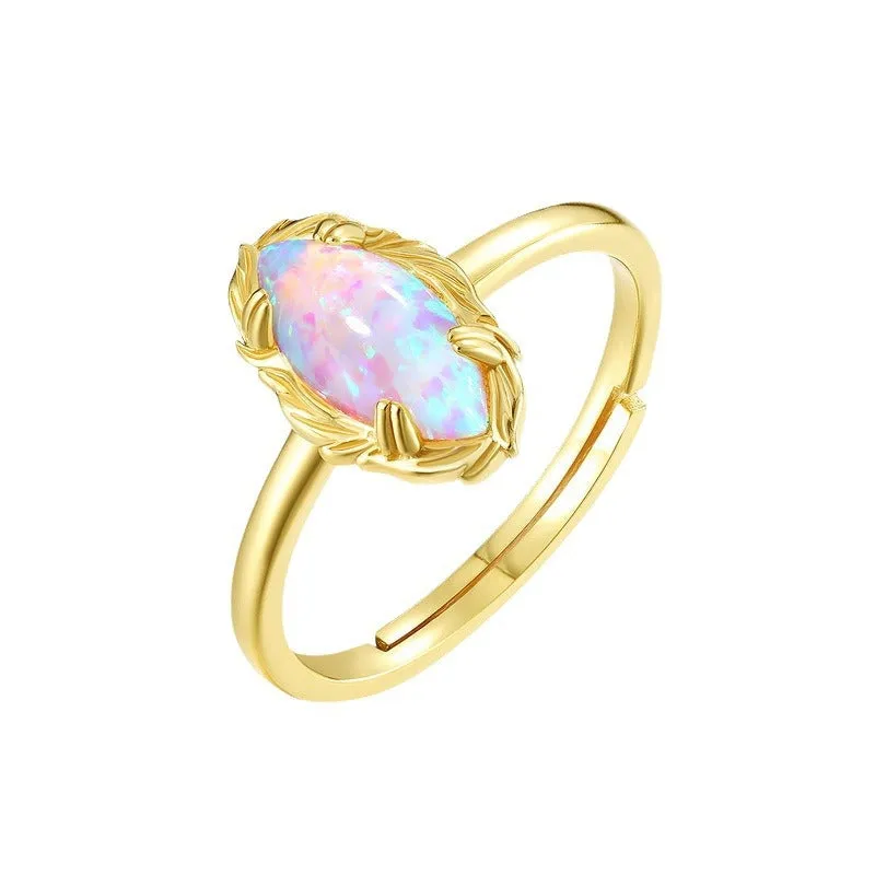 Sterling silver ring colorful opal ring niche ins retro lace fashion popular women's index finger ring accessories