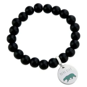 Stone Bracelet - Matt Black Onyx 10mm Beads - MAMA BEAR (11514)