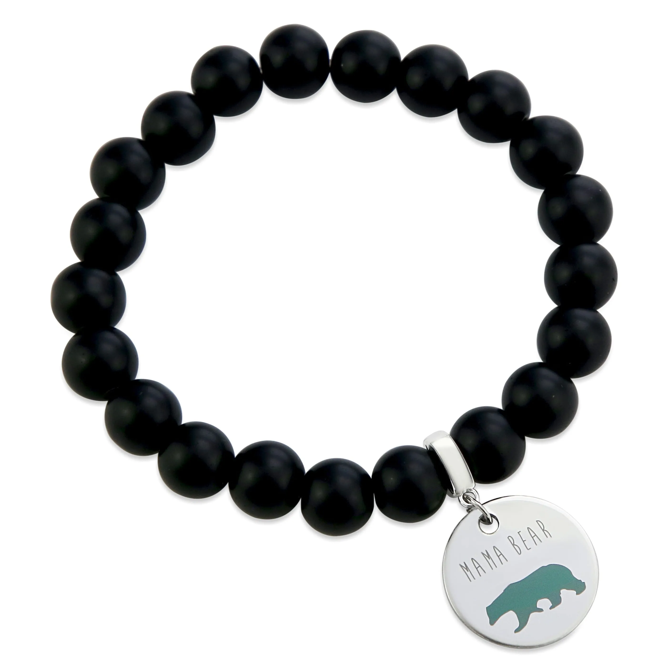 Stone Bracelet - Matt Black Onyx 10mm Beads - MAMA BEAR (11514)