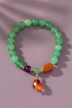 Stretch green agate bracelet red charm drop