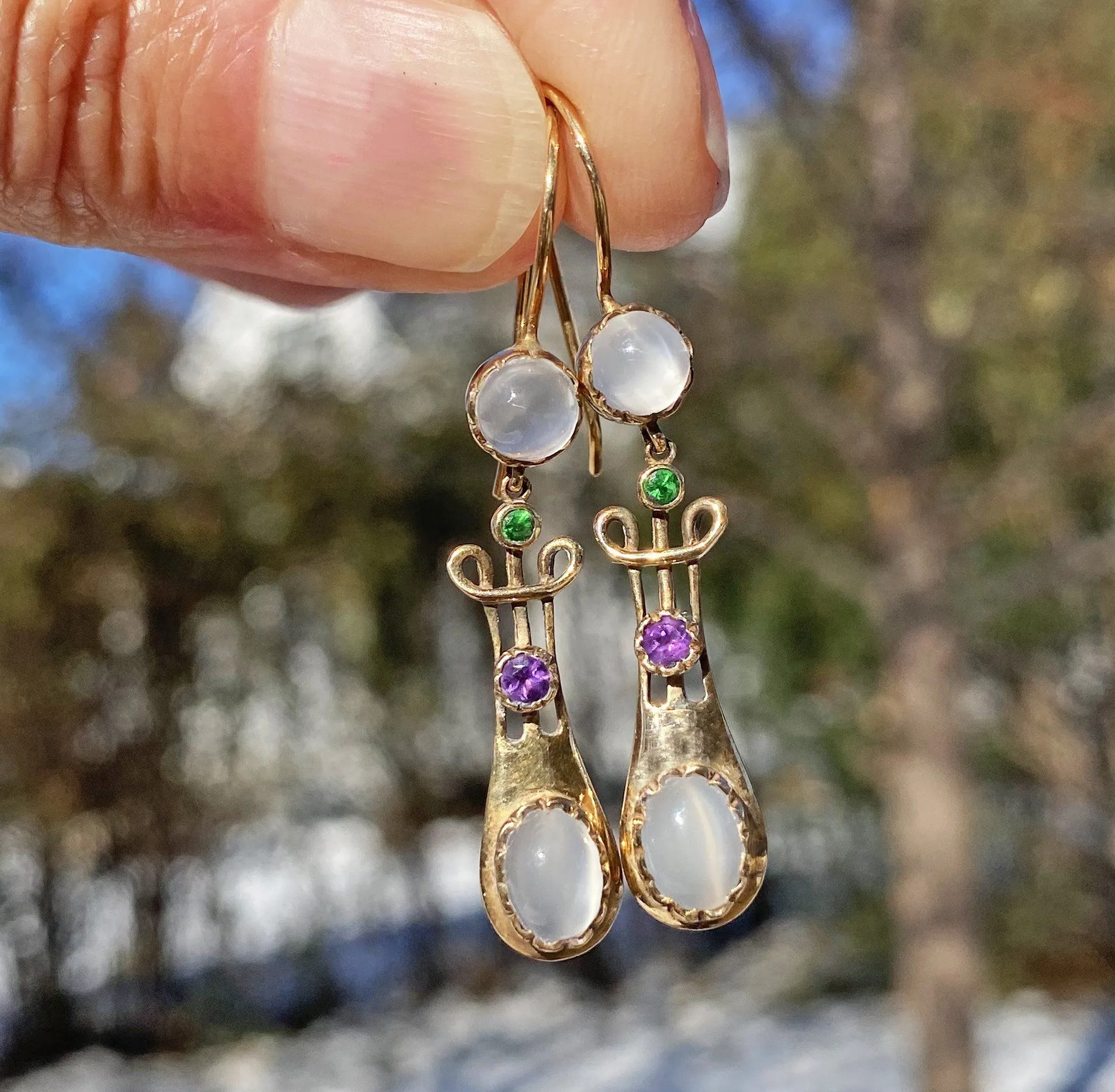 Suffragette 15K Gold Earrings, Moonstone Amethyst Demantoid Garnet