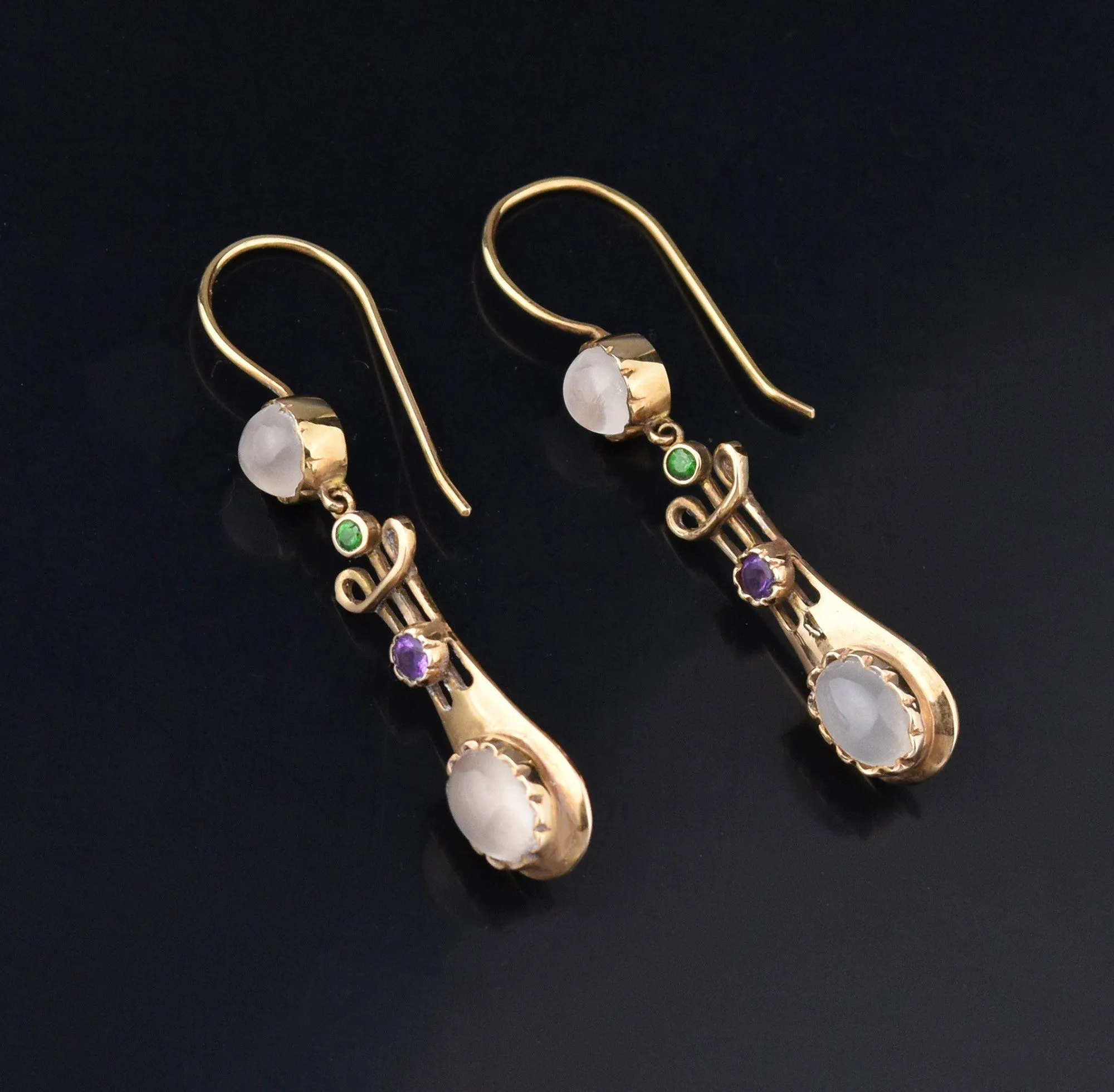 Suffragette 15K Gold Earrings, Moonstone Amethyst Demantoid Garnet