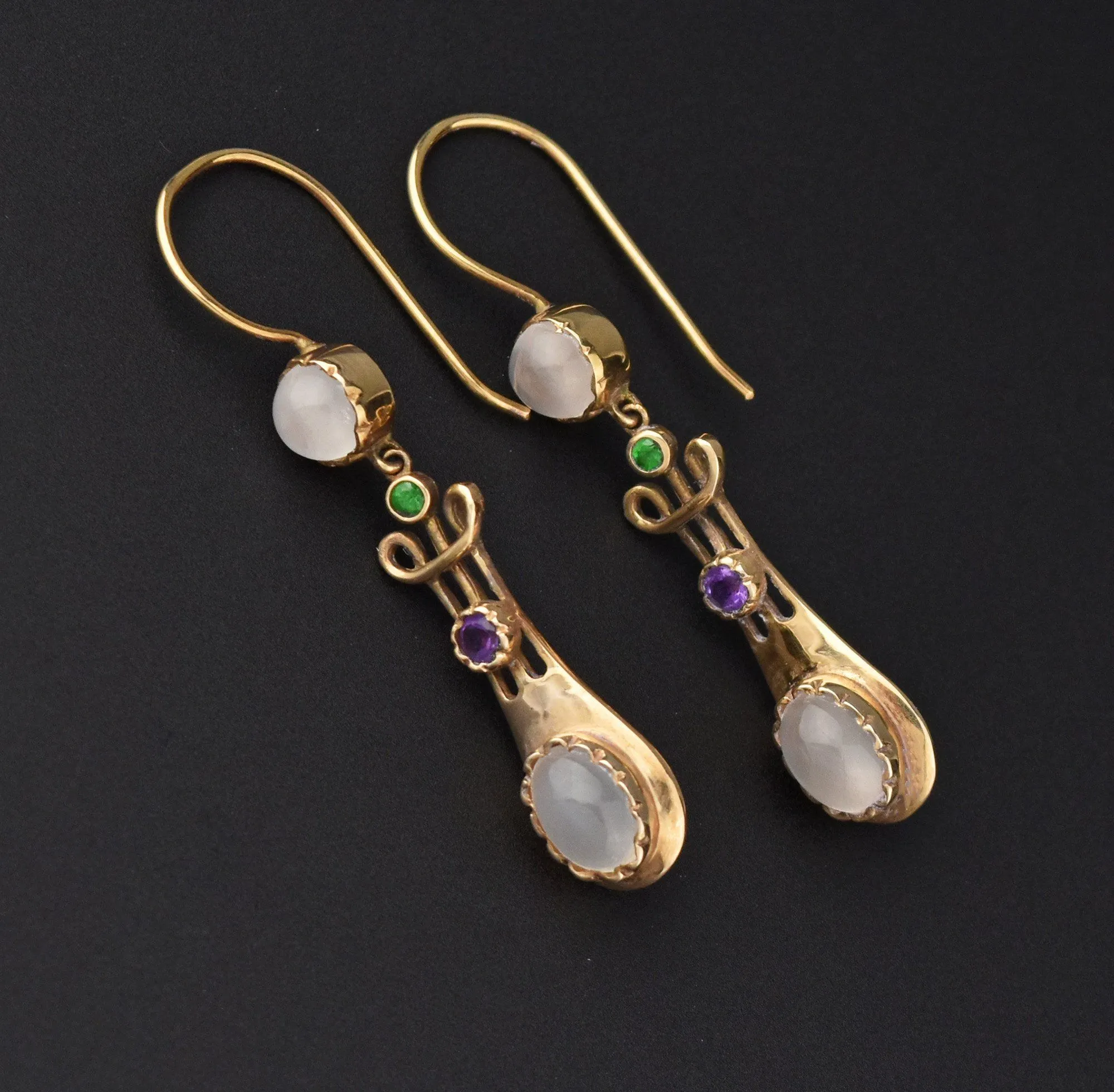 Suffragette 15K Gold Earrings, Moonstone Amethyst Demantoid Garnet