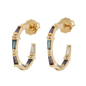 Tapered Baguette Topaz Multi Gemstone Pave Diamond Hoop Earrings In 18k Yellow Gold