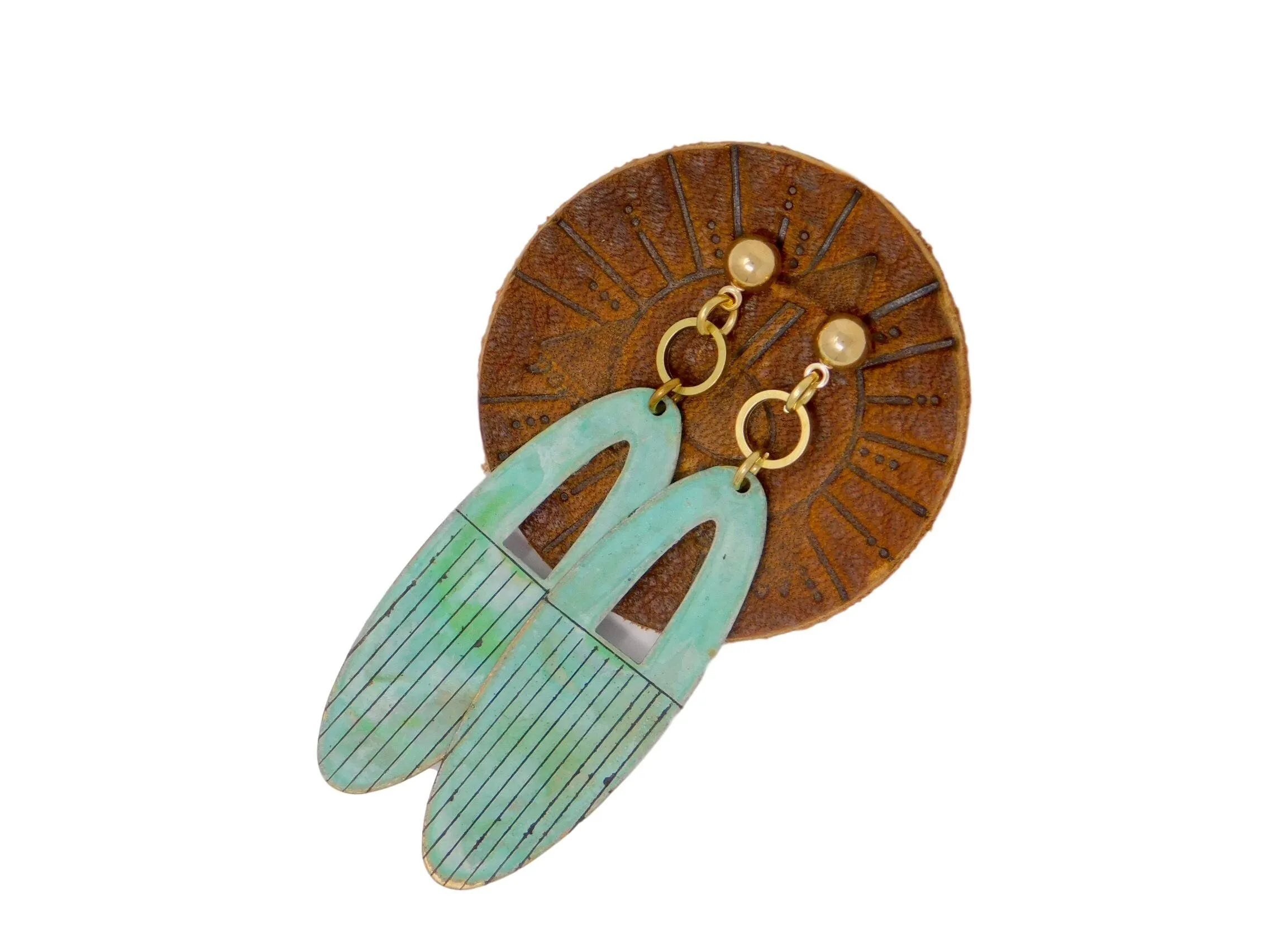 Teal Oval Shaped Brass Patina Earrings With Hand Scribed Black Lines