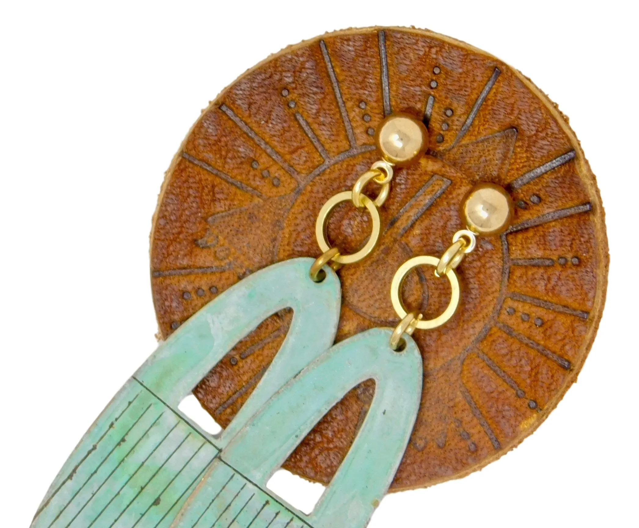 Teal Oval Shaped Brass Patina Earrings With Hand Scribed Black Lines