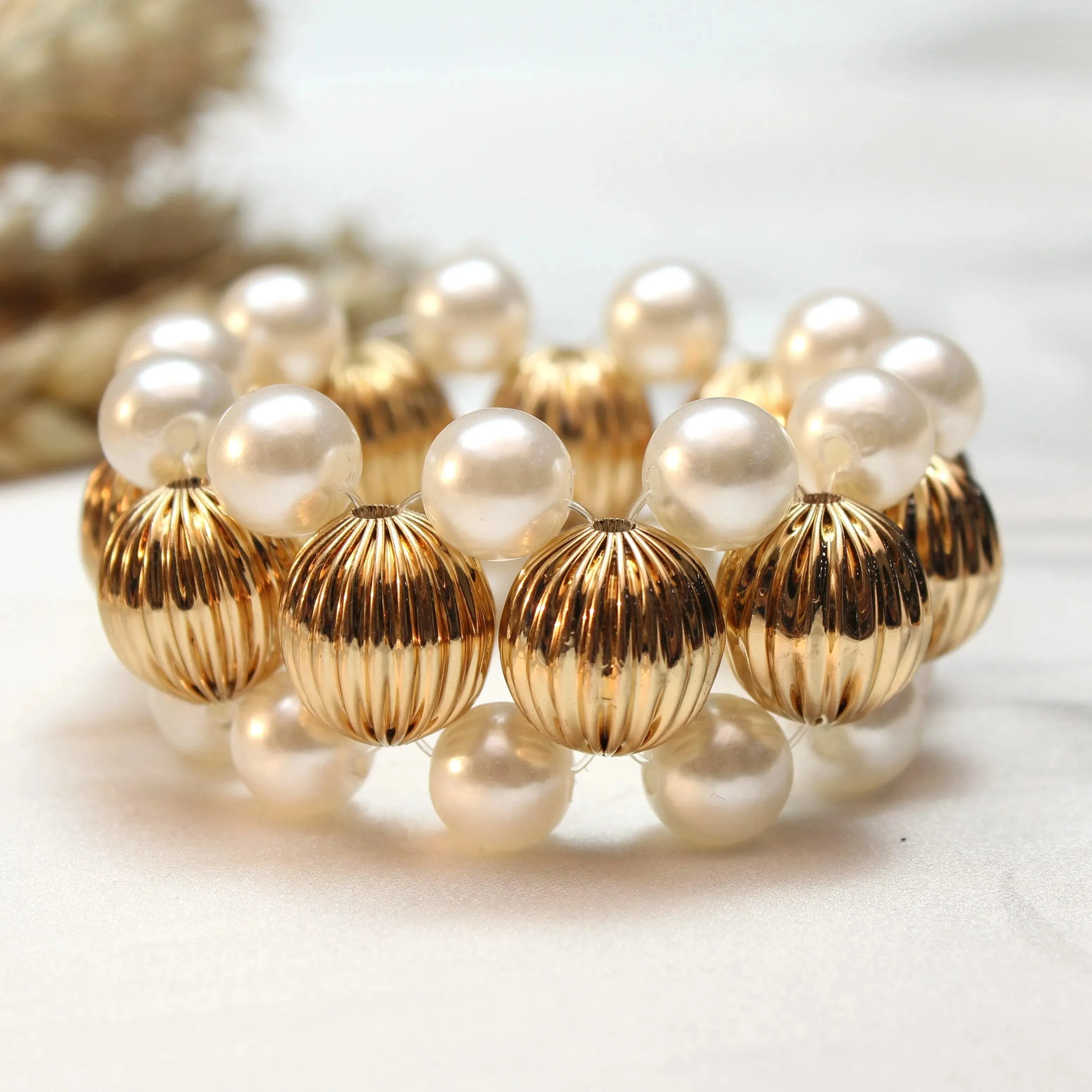 TFC Vortex Pearl Beaded Gold Plated Adjustable Bracelet