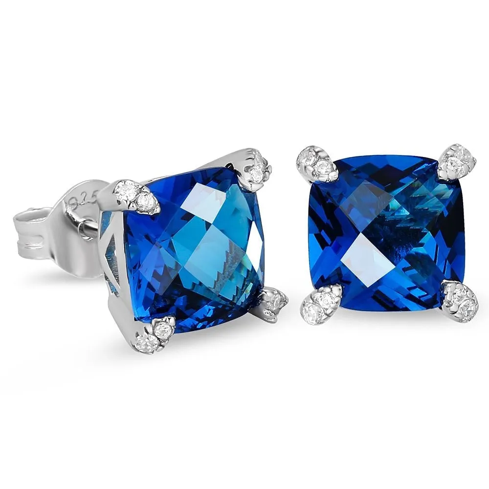 The Ocean® - 925 Sterling Silver Blue Sapphire Diamond Stud Earrings