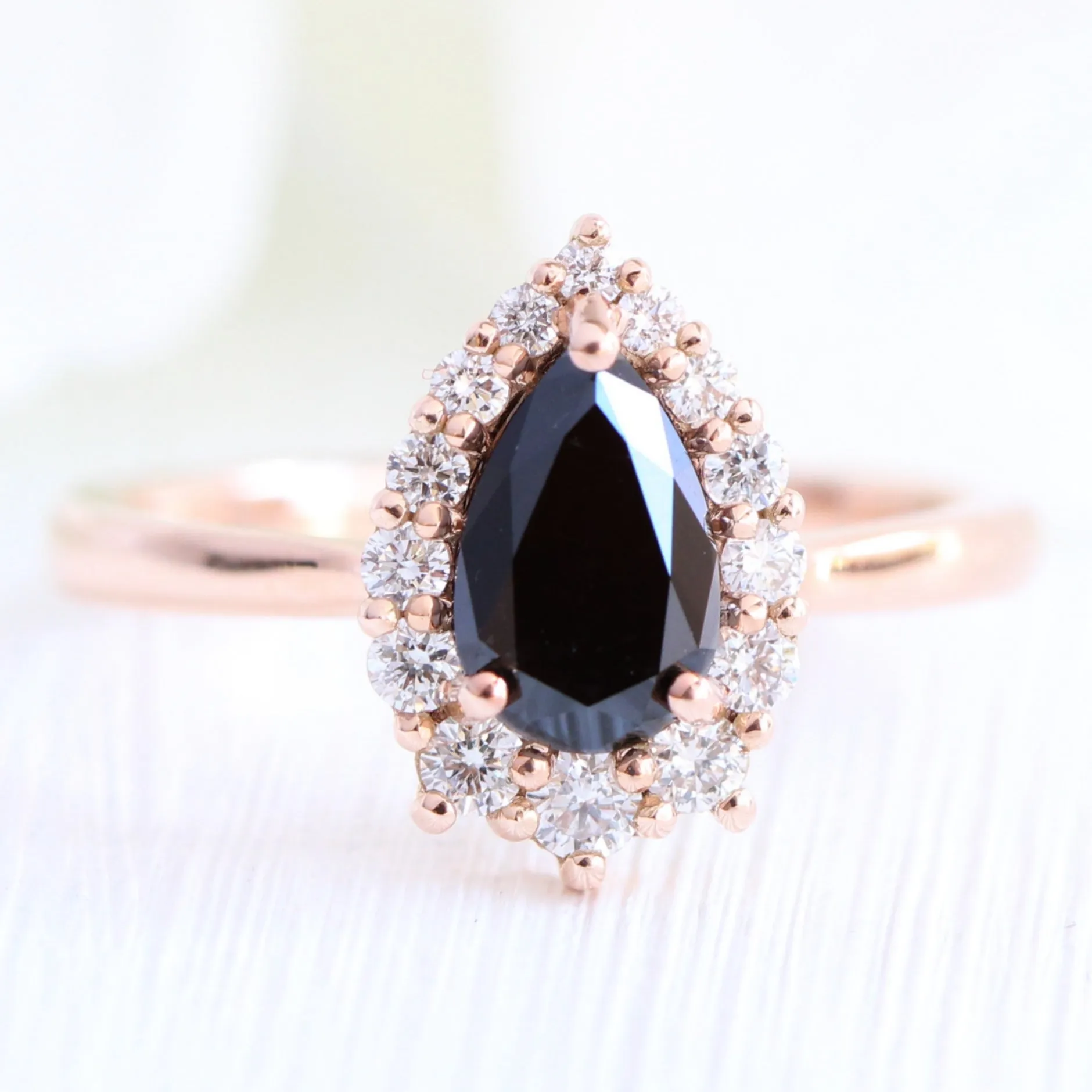 Tiara Halo Pear Black Diamond Ring Set w/ Large Tiara Diamond Wedding Band