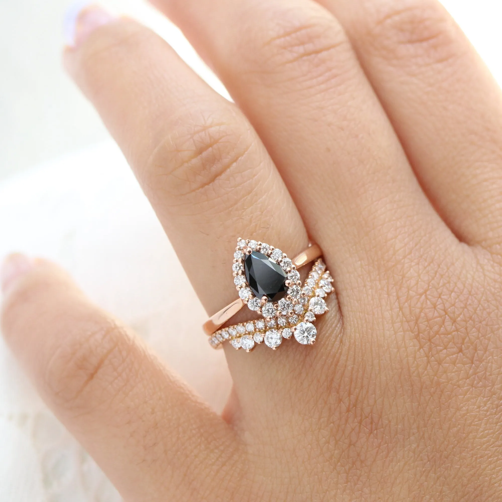 Tiara Halo Pear Black Diamond Ring Set w/ Large Tiara Diamond Wedding Band