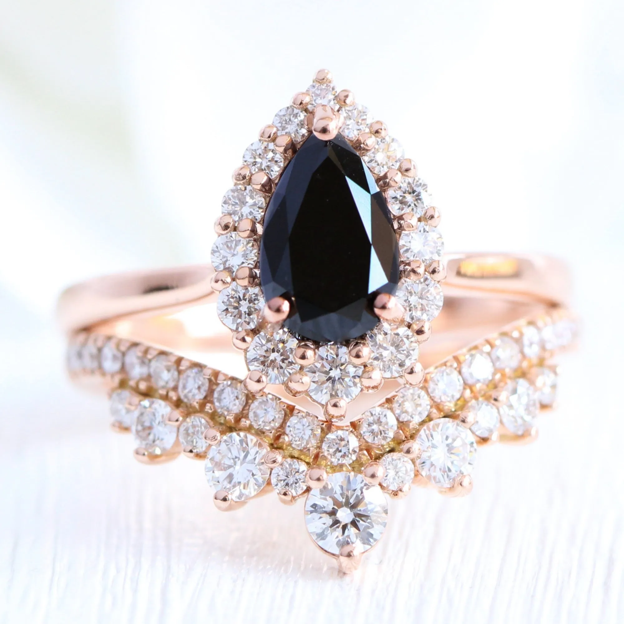 Tiara Halo Pear Black Diamond Ring Set w/ Large Tiara Diamond Wedding Band