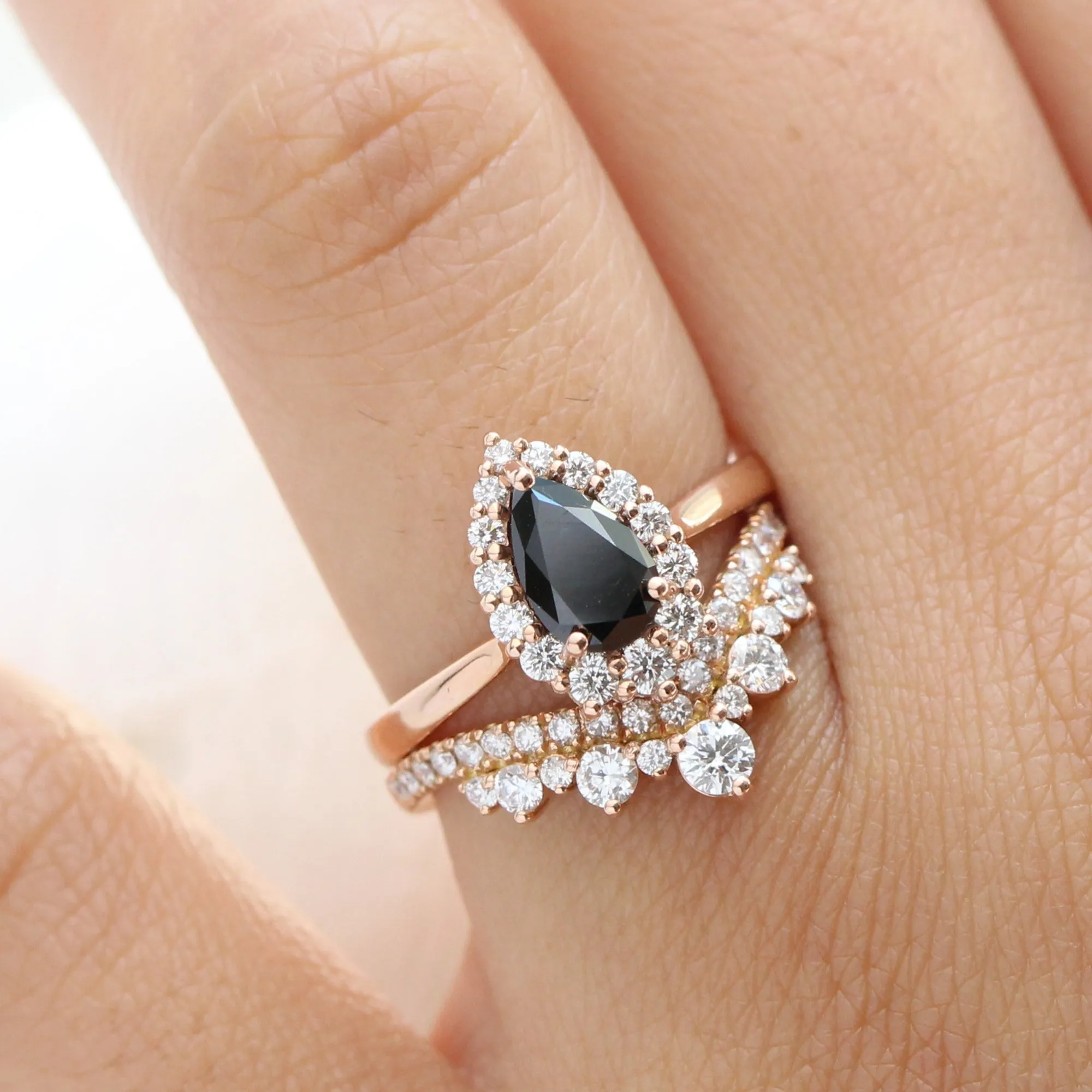 Tiara Halo Pear Black Diamond Ring Set w/ Large Tiara Diamond Wedding Band