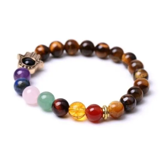 Tiger's Eye Hamsa 7 Chakra Elastic Bracelet | Protection, Strength & Spiritual Balance