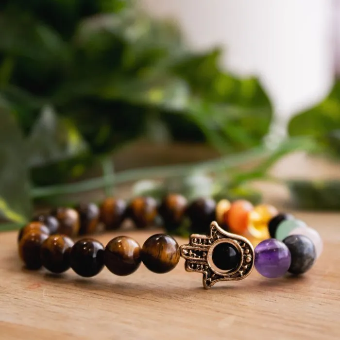 Tiger's Eye Hamsa 7 Chakra Elastic Bracelet | Protection, Strength & Spiritual Balance