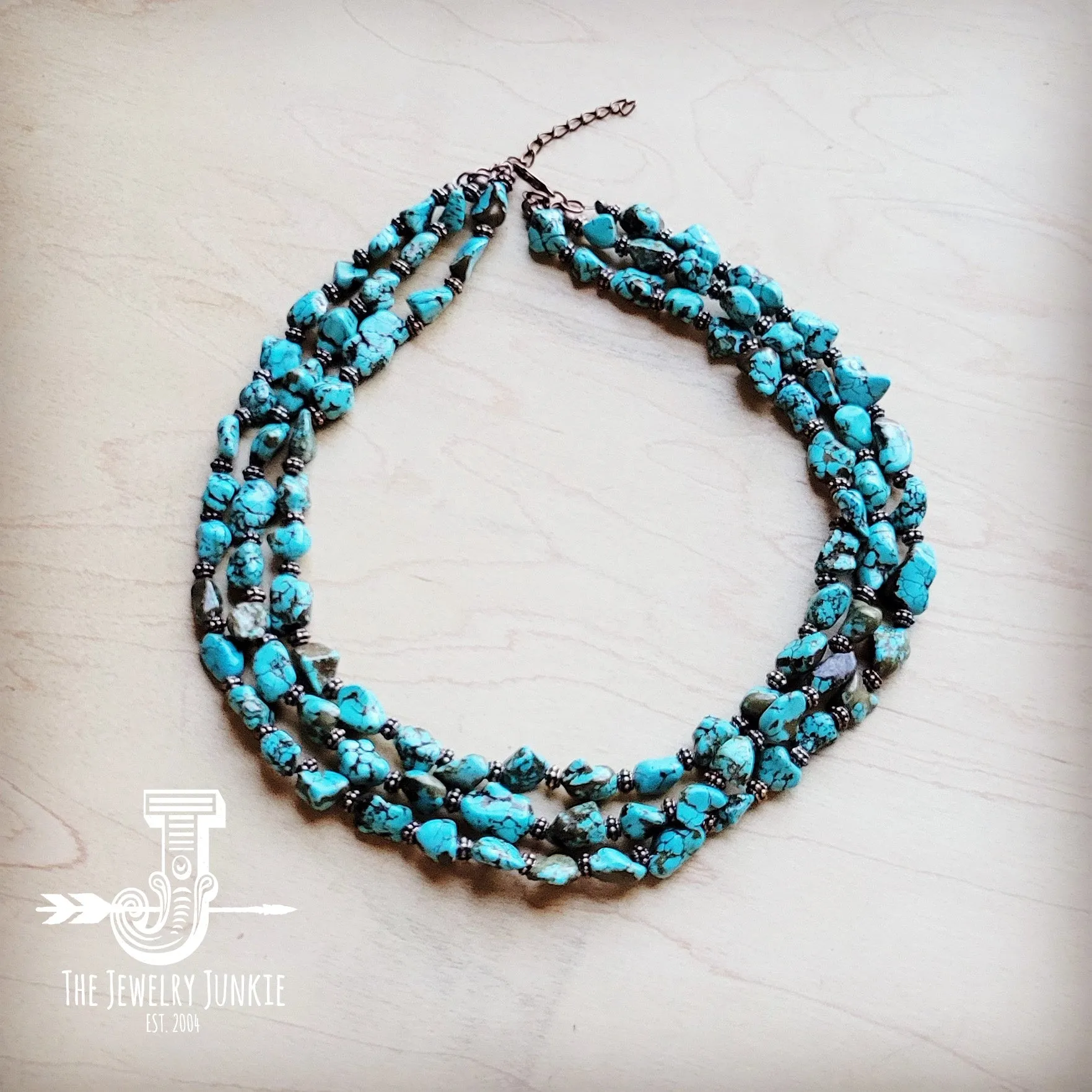 Triple Strand Blue Turquoise & Copper Collar Necklace 259e