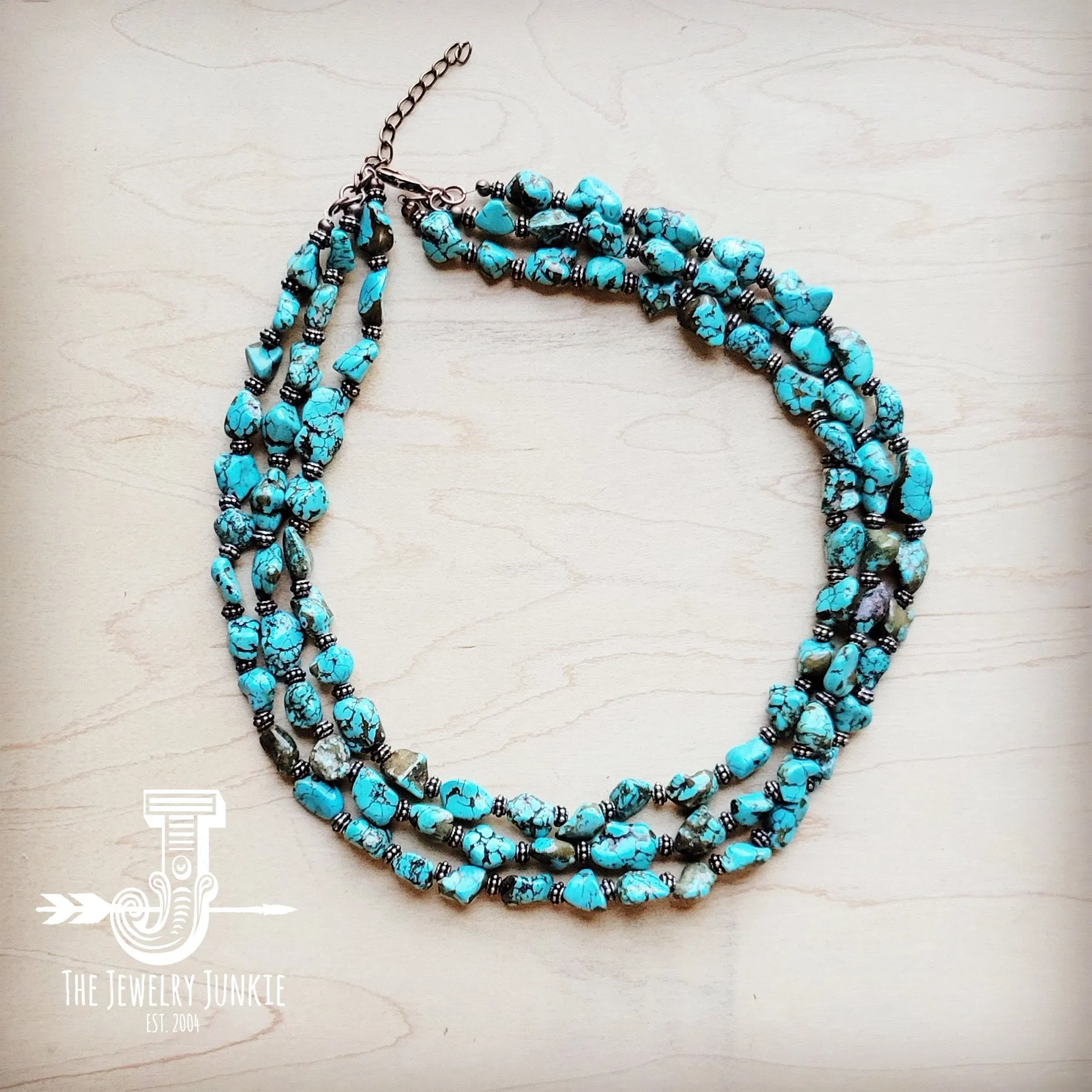 Triple Strand Blue Turquoise & Copper Collar Necklace 259e